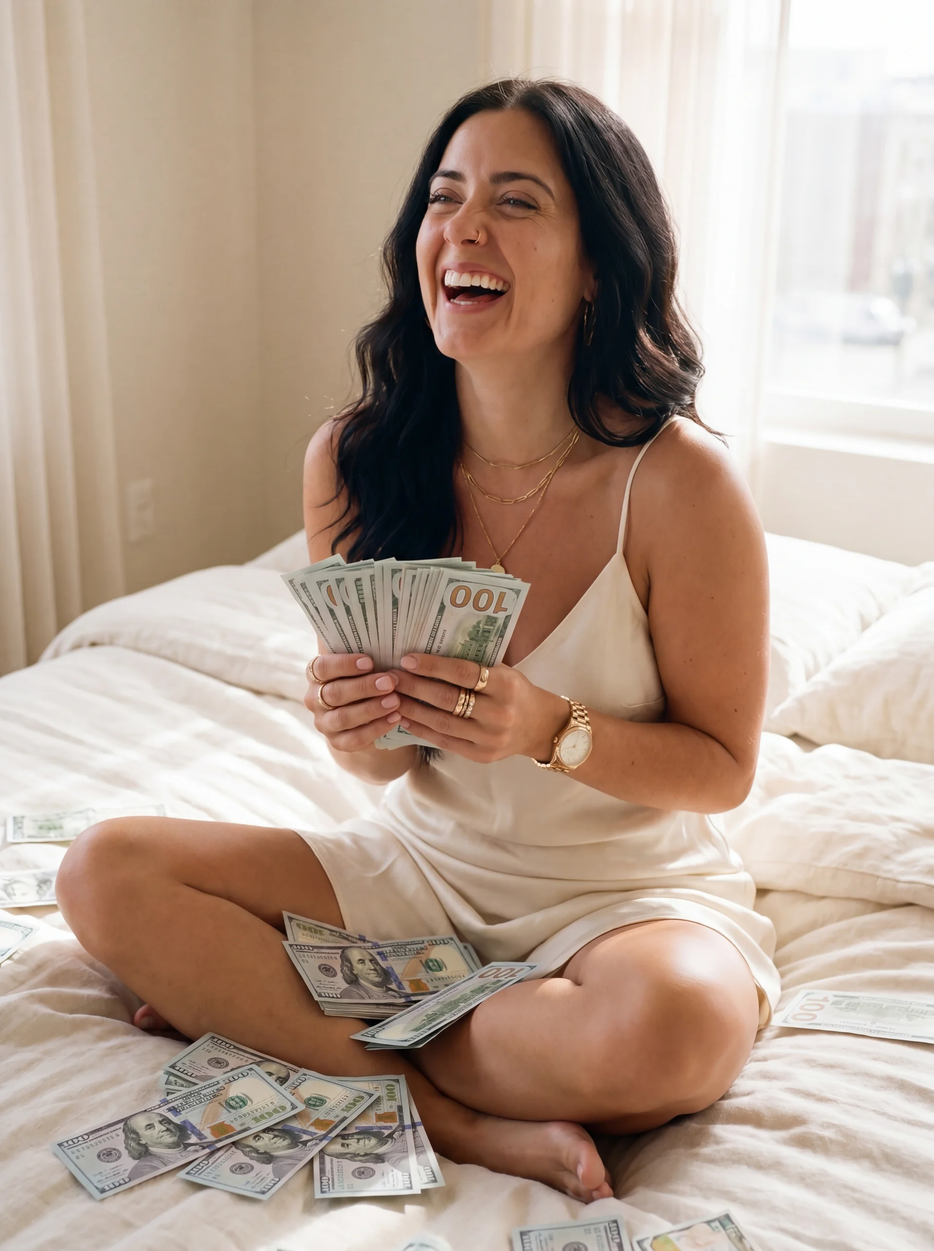 Jac cross-legged on a bed laughing while holding a fan of cash