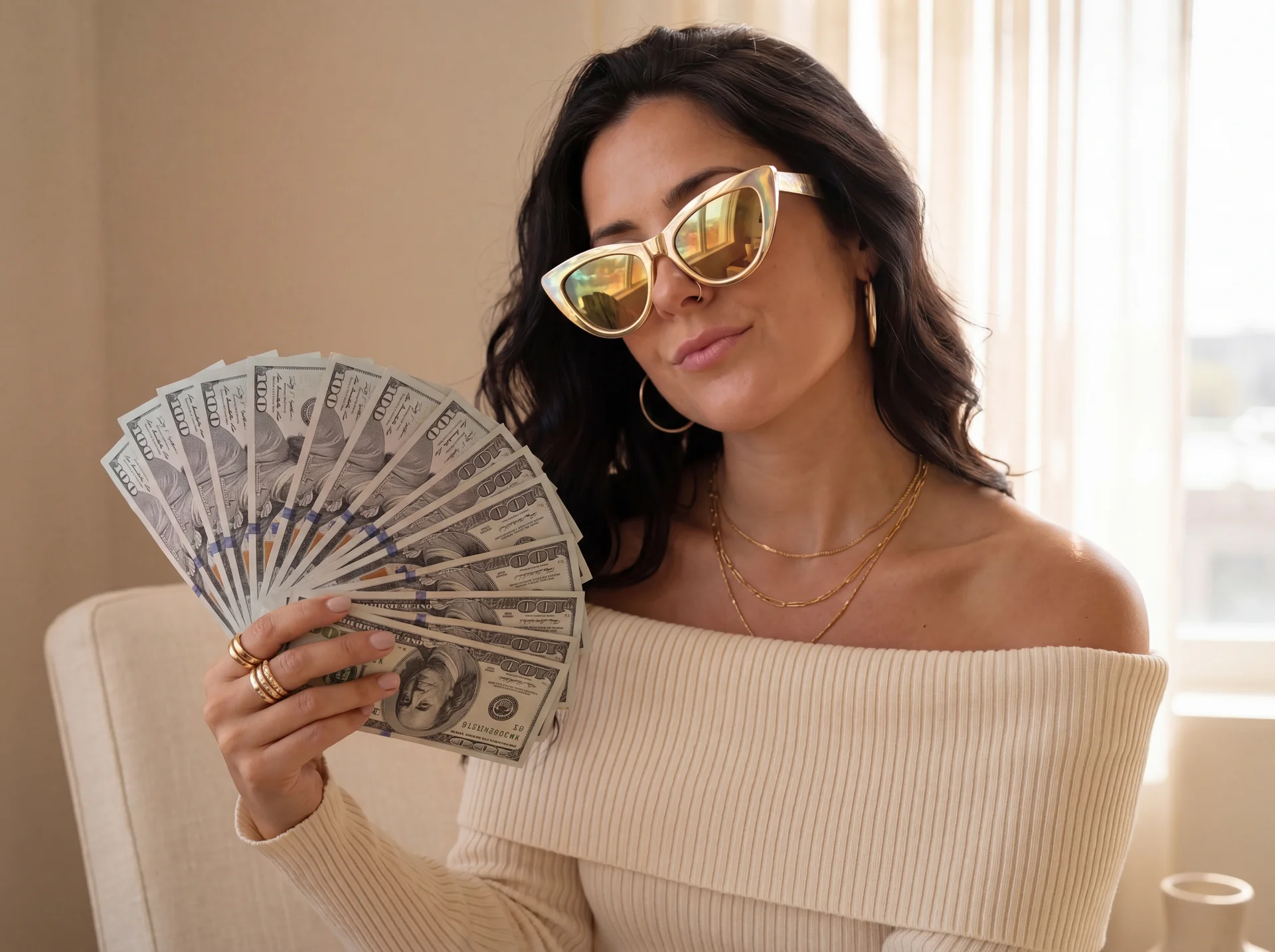 Jac in iridescent gold sunglasses fanning herself with a stack of $100 bills
